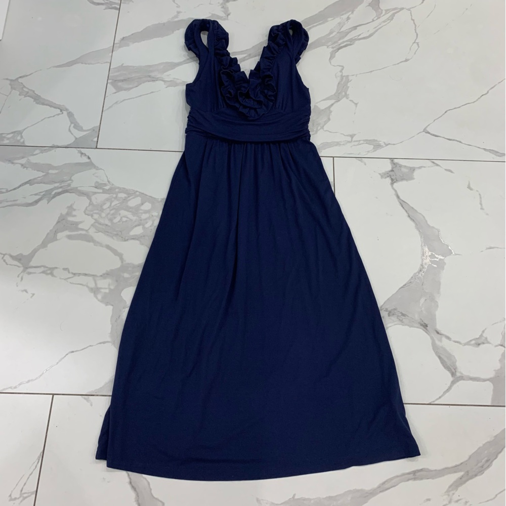 Lilly Pulitzer Leena Midi Dress Sz Small Navy Blue Ruffles Sleeveless Summer